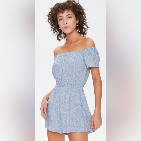 NWT Forever 21 Style Romper Dusty Blue/Cream Size M - Picture 2 of 5